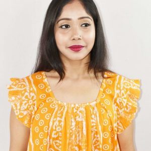 Yellow Cotton Maxi Nighty Square Neck Short Sleeves with pleats