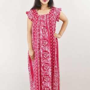 Pink Cotton Maxi Nighty Square Neck Short Sleeves with pleats