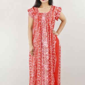 Red Cotton Maxi Nighty Square Neck Short Sleeves with pleats
