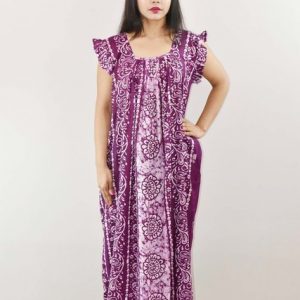 Blue Cotton Maxi Nighty Square Neck Short Sleeves with pleats