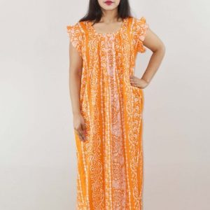 yellow Cotton Maxi Nighty Square Neck Short Sleeves with pleats