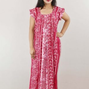 Pink Cotton Maxi Nighty Square Neck Short Sleeves with pleats