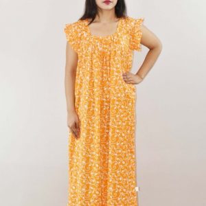 Yellow Cotton Maxi Nighty Square Neck Short Sleeves with pleats