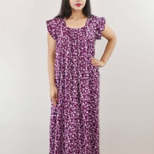 Blue Cotton Maxi Nighty Square Neck Short Sleeves with pleats