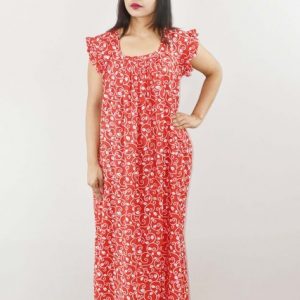 Red Cotton Maxi Nighty Square Neck Short Sleeves with pleats
