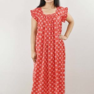Red Cotton Maxi Nighty Square Neck Short Sleeves with pleats