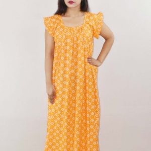 Yellow Cotton Maxi Nighty Square Neck Short Sleeves with pleats