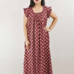 Maroon Cotton Maxi Nighty Square Neck Short Sleeves with pleats