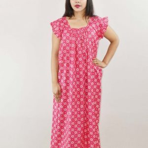 Pink Cotton Maxi Nighty Square Neck Short Sleeves with pleats