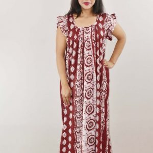Maroon Cotton Maxi Nighty Square Neck Short Sleeves with pleats