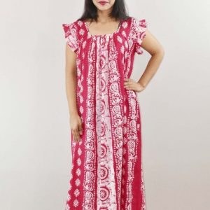 Pink Cotton Maxi Nighty Square Neck Short Sleeves with pleats