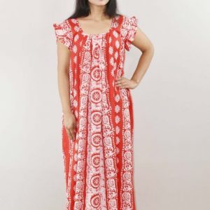 Red Cotton Maxi Nighty Square Neck Short Sleeves with pleats