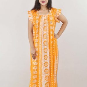 Yellow Cotton Maxi Nighty Square Neck Short Sleeves with pleats