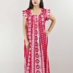 pink Cotton Maxi Nighty Square Neck Short Sleeves with pleats