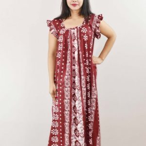 Maroon Cotton Maxi Nighty Square Neck Short Sleeves with pleats