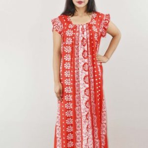Red Cotton Maxi Nighty Square Neck Short Sleeves with pleats