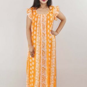 Yellow Cotton Maxi Nighty Square Neck Short Sleeves with pleats