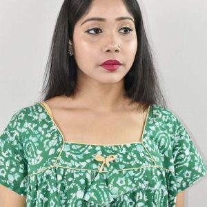 Green Cotton Maxi Nighty Square Neck Short Sleeve With Pipien