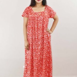 Red Cotton Maxi Nighty Square Neck Short Sleeve With Pipien