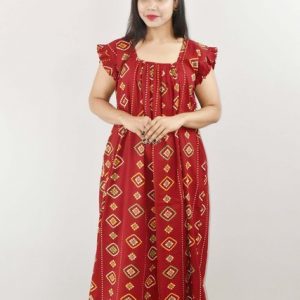 Red Cotton Maxi Nighty Square Neck Short Sleeves with pleats