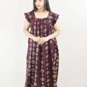 Purple Cotton Maxi Nighty Square Neck Short Sleeves with pleats