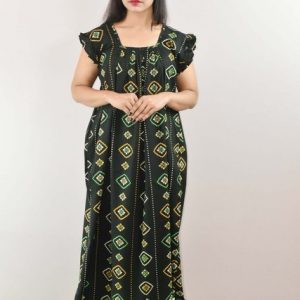 Green Cotton Maxi Nighty Square Neck Short Sleeves with pleats