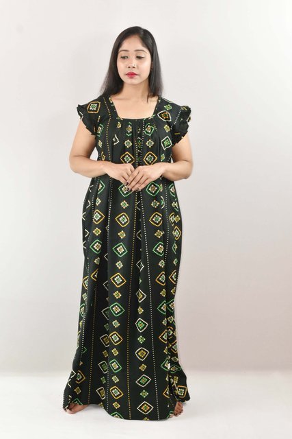 Green Cotton Maxi Nighty Square Neck Short Sleeves with pleats