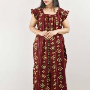 Maroon Cotton Maxi Nighty Square Neck Short Sleeves with pleats