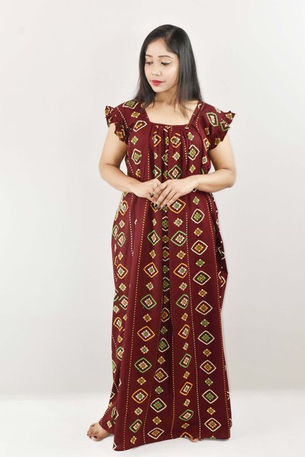 Maroon Cotton Maxi Nighty Square Neck Short Sleeves with pleats
