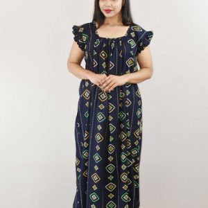 Blue Cotton Maxi Nighty Square Neck Short Sleeves with pleats
