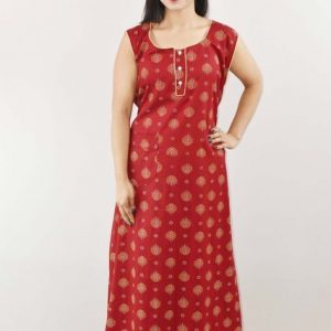 Red Cotton Maxi Nighty sleeve less Round Neck With Button