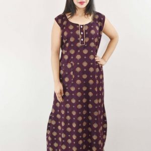 Purple Red Cotton Maxi Nighty sleeve less Round Neck With Button