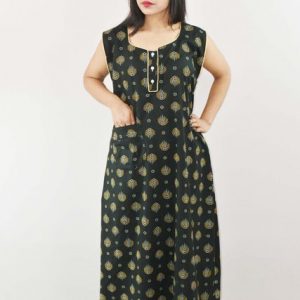 Green Red Cotton Maxi Nighty sleeve less Round Neck With Button