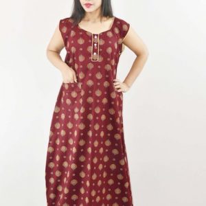 Maroon Red Cotton Maxi Nighty sleeve less Round Neck With Button