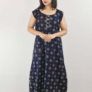 Blue Red Cotton Maxi Nighty sleeve less Round Neck With Button