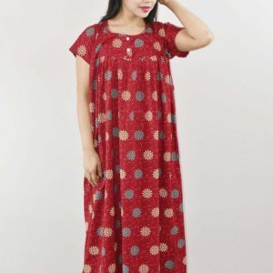 Red Cotton Maxi Nighty Round Neck Short Sleeve with Button