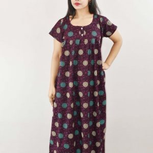 Purple Cotton Maxi Nighty Round Neck Short Sleeve with Button