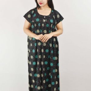 Black Cotton Maxi Nighty Round Neck Short Sleeve with Button