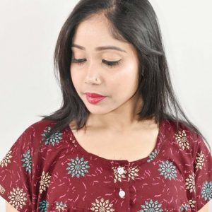 Maroon  Cotton Maxi Nighty Round Neck Short Sleeve with Button