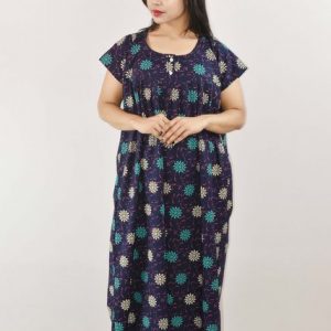 Blue Cotton Maxi Nighty Round Neck Short Sleeve with Button