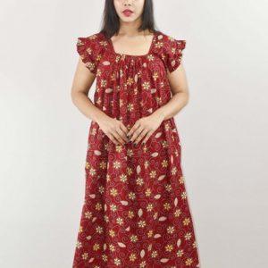 Red Cotton Maxi Nighty Square Neck Short Sleeves with pleats