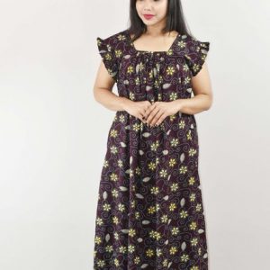 Purple Cotton Maxi Nighty Square Neck Short Sleeves with pleats