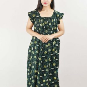 Green Cotton Maxi Nighty Square Neck Short Sleeves with pleats