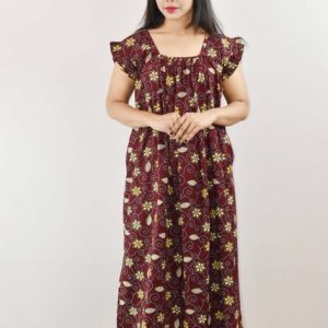 Maroon Cotton Maxi Nighty Square Neck Short Sleeves with pleats