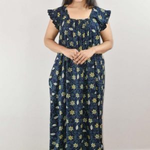 Blue Cotton Maxi Nighty Square Neck Short Sleeves with pleats