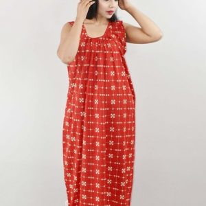 Red Cotton Maxi Nighty Sleeveless