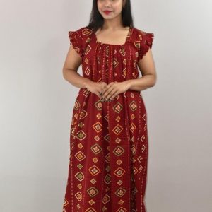 Pink Cotton Maxi Nighty Square Neck Short Sleeves with pleats