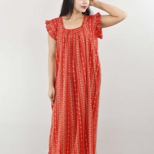 Red Cotton Maxi Nighty Square Neck Short Sleeves with pleats