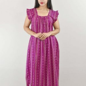 Purple Cotton Maxi Nighty Square Neck Short Sleeves with pleats