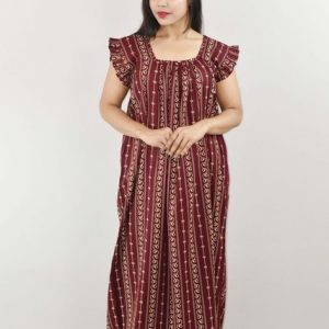 Maroon Cotton Maxi Nighty Square Neck Short Sleeves with pleats